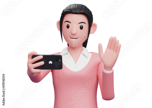 girl in pink sweatshirt making a video call with a cell phone, 3d illustration portrait of a sweet girl in a pink sweater holding phone