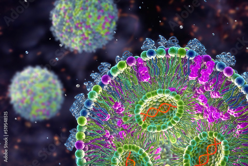 Lipid nanoparticle siRNA antiviral delivery system, 3D illustration