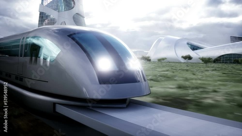Wallpaper Mural Futuristic train very fast driving. Futuristic city concept. Realistic 4k animation. Torontodigital.ca
