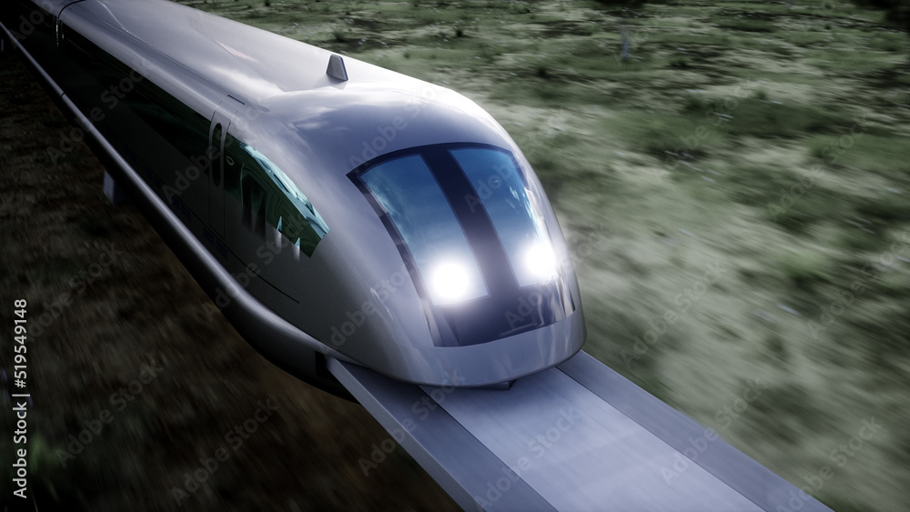 Futuristic train very fast driving. Futuristic city concept. 3d rendering.