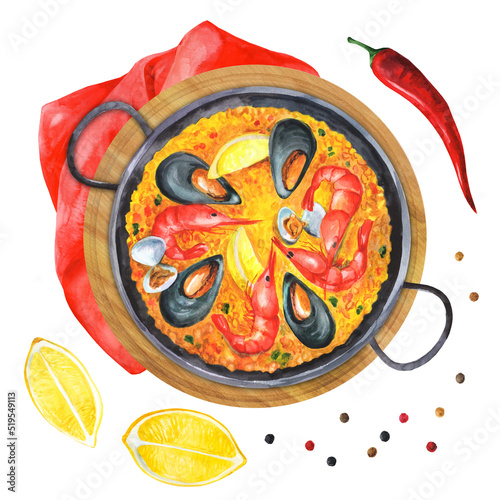 Spanish paella in a traditional pan watercolor