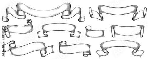 Set of vintage, hand drown, black and white retro ribbons. Vector illustration.
