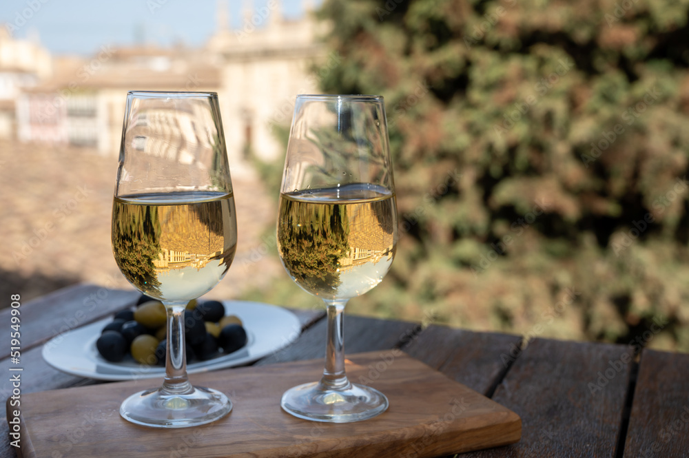 Tasting of Spanish sweet and dry fortified Vino de Jerez sherry wine and olives with view on roofs and houses of old andalusian town Tasting of Spanish sweet and dry fortified Vino de Jerez sherry wine and olives with view on roofs and houses of old andalusian town