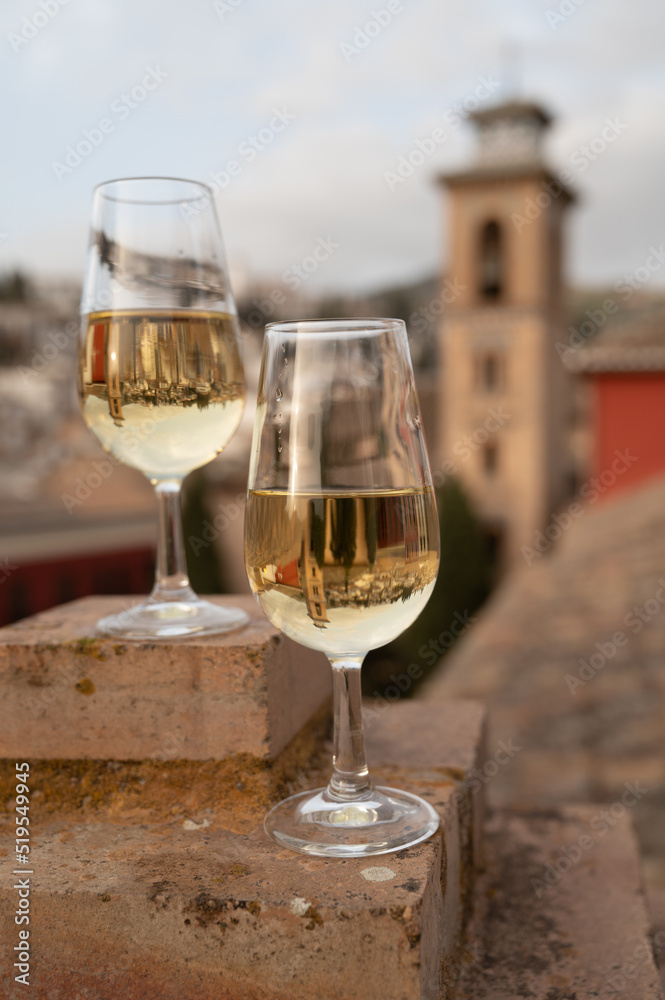 Tasting of sweet and dry fortified Vino de Jerez sherry wine with view on roofs and houses of old andalusian town Tasting of sweet and dry fortified Vino de Jerez sherry wine with view on roofs and houses of old andalusian town