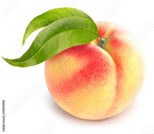Peach fruit with leaf isolated on white background, Fresh White Peach on White Background With work path,