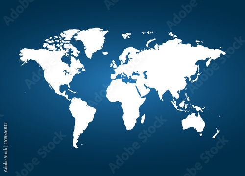 World map vector. White map on blue backround.
