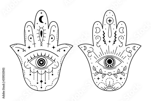 Set of Hamsa hand drawn symbol with evil eye. Protection sign. Mystic decorative pattern in oriental style for interior decoration and henna drawings. Ancient sign of Hand of Fatima