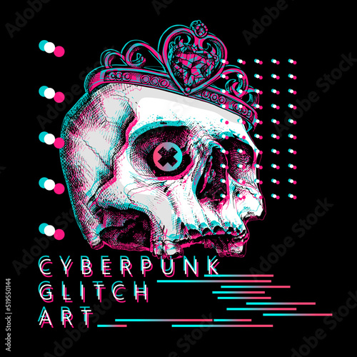 Skull without lower jaw in a crown. Cyberpunk glitch art. Creative poster, t-shirt composition, hand drawn style print. Vector illustration.