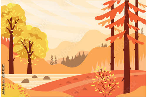 Autumn Hand drawn Landscape. Vector Illustration.