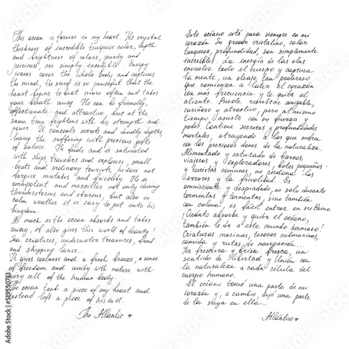Print op canvas Handwritten text about the Atlantic Ocean in English and Spanish