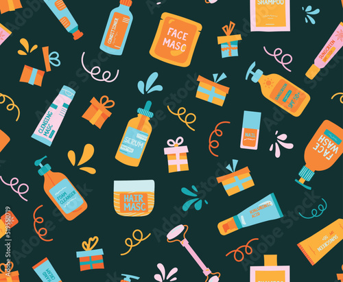 Skincare pattern for mystery annual box. Collection of skin care products for packaging.