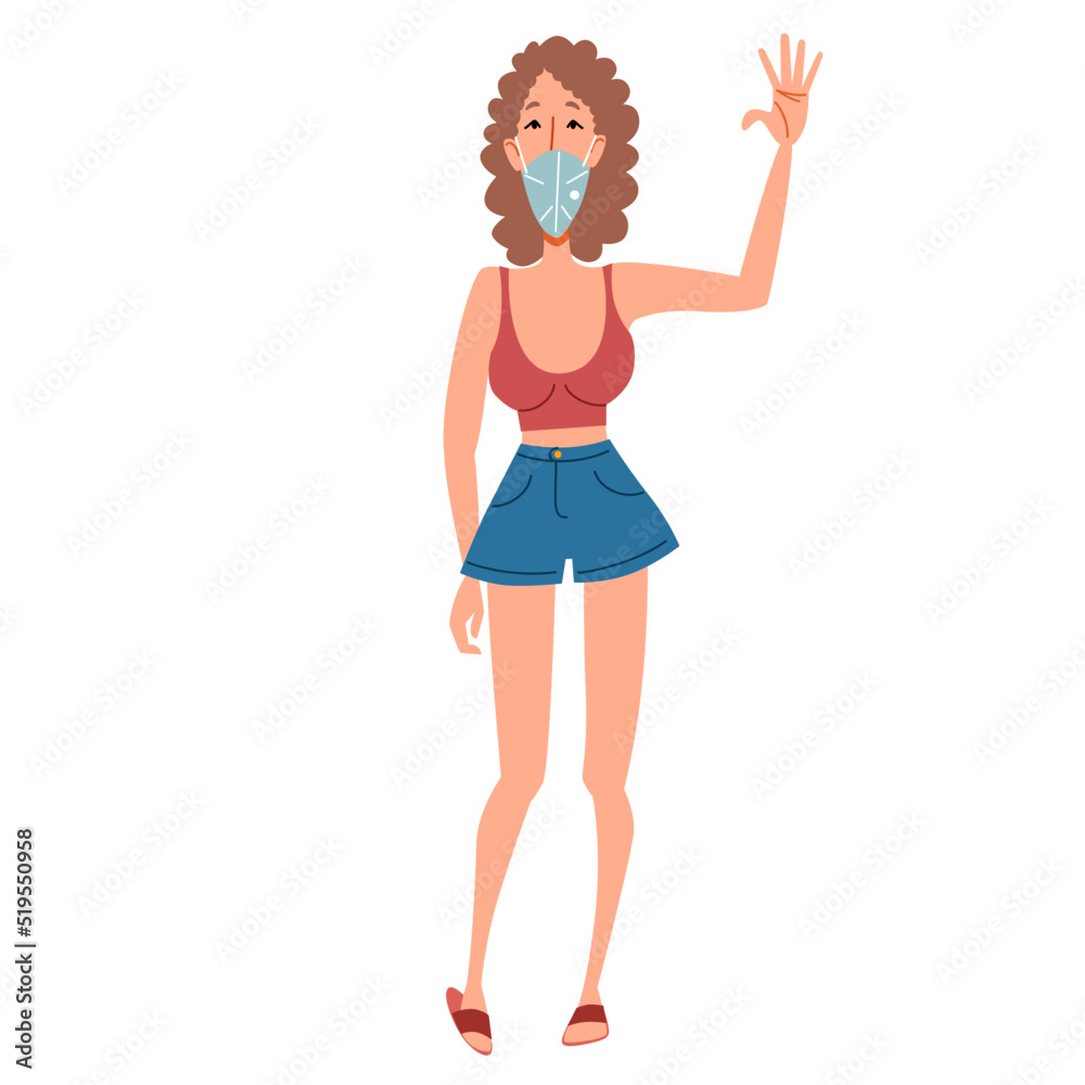 A fashionable skinny girl in a medical mask greets. Friendly greeting of a young woman. A fashionable skinny girl in a medical mask greets. Friendly greeting of a young woman.