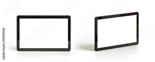 Tablet PC horizontal two views Isolated on white, front view , include clipping paths for tablets and screens