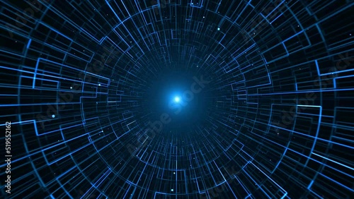 4k 3D animation. Flight in abstract sci-fi tunnel seamless loop. Futuristic motion graphics, high tech background. Time warp portal, lightspeed hyperspace concept. Glowing hi tech texture. Cyberpunk