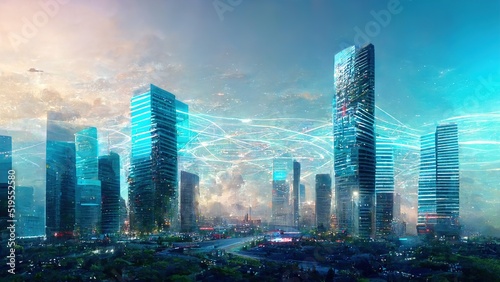 Smart city and IoT (Internet of Things) concept. ICT. Modern buildings. Blue city information and communication technologies.