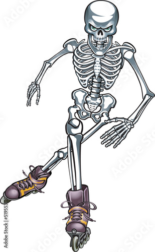 Human skeleton  inline skating wearing rollerblades
