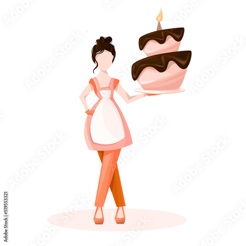 Illustration of a confectioner with chocolate cake. Illustration of a person's profession.