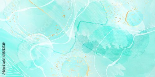 Royal cyan mint liquid marble watercolor background with white lines and brush stains. Teal turquoise marbled alcohol ink drawing effect. Vector illustration backdrop, watercolour wedding invitation
