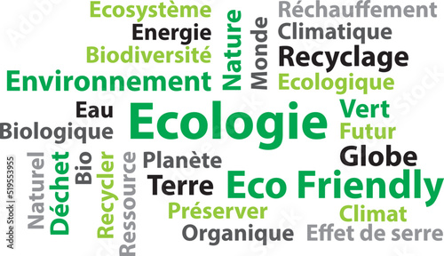 Ecologie environnement. Nuage de mots en français. Illustration vectorielle. photo