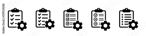 Clipboard with gear isolated icon. Technical support check list icon. Management flat icon concept. Software development.