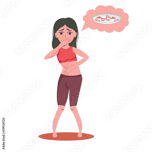 very thin woman with mental disorder anarexia and bulimia feels nauseous thinking about food, loses weight, feels guilty