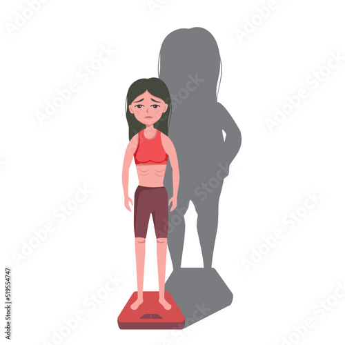 very thin woman with a mental disorder of anarexia and bulimia stands on the scales, feeling fat, feeling a fat shadow behind her