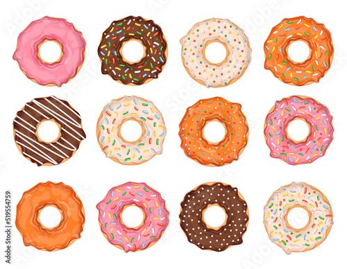 Set of donuts isolated on white background. Collection of vector illustrations of donuts with different toppings and flavors. Sweet pastry.