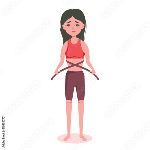 very thin woman with a mental disorder of anarexia and bulimia measures her waist with a centimeter tape, feeling fat, dissatisfied with her weight, wants to lose even more weight