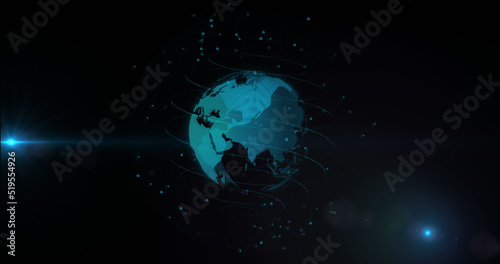 Image of network of connections over globe on black background