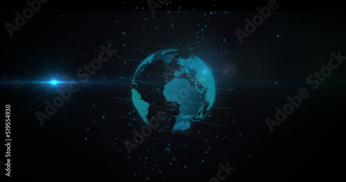 Image of network of connections over globe on black background