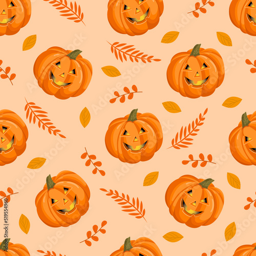 Seamless pattern with Halloween pumpkins and autumn leaves. October harvest. Vector illustration for fabrics, textures, wallpapers, posters, cards. Editable elements.
