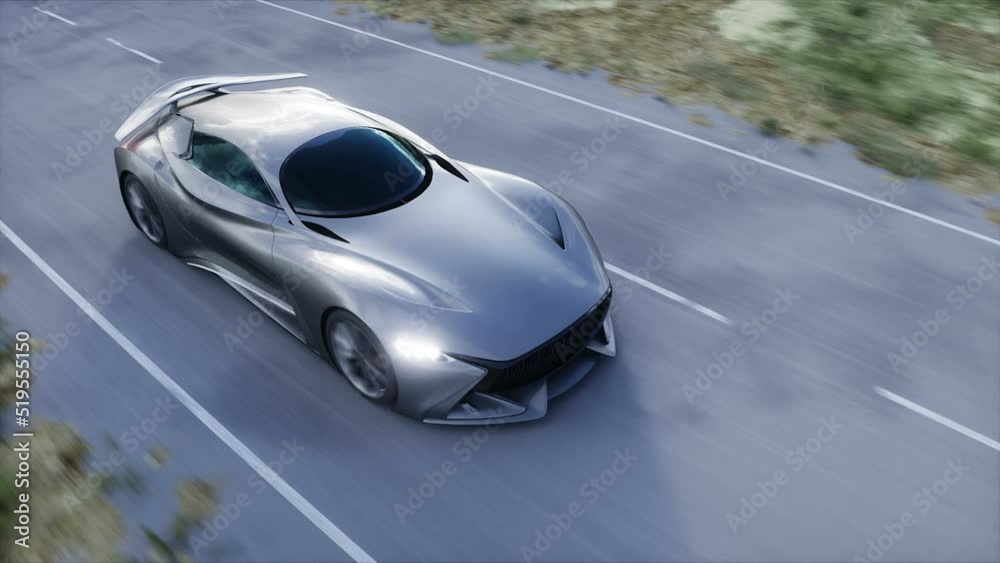 Futuristic sport car very fast driving on highway. Futuristic city concept. Realistic 4k animation. Futuristic sport car very fast driving on highway. Futuristic city concept. Realistic 4k animation.