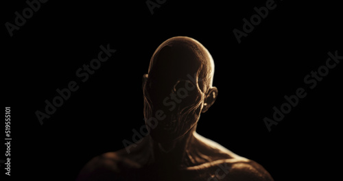 Image of distressed shirtless bald figure holding head in pain in dark room