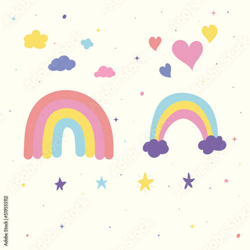 Hand-Drawn Illustration of Pastel Magical Feminine Icon Elements Including Rainbow Stars Clouds and Hearts on a Plain Cream Background