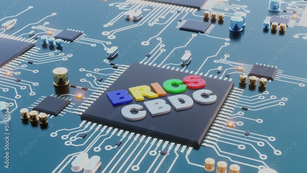 Brics nation cbdc digital money 3d render illustration. Circuit board with components and brics cbdc text on cpu processor.
