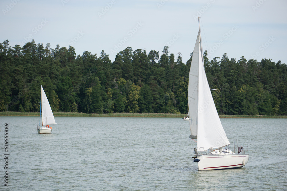 Fototapeta premium Sailboat swimming on a lake, shore with trees