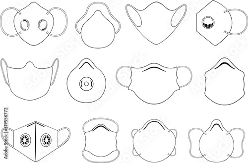 Collection of different face masks isolated on white