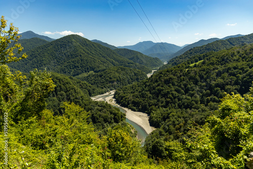 Russia, Sochi. Observation deck, Solokhaul village view of the Caucasus Mountains