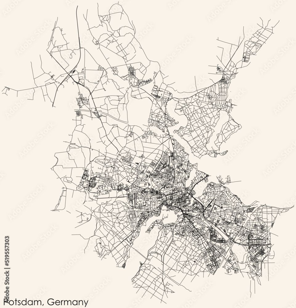 Detailed navigation black lines urban street roads map of the German regional capital city of POTSDAM, GERMANY on vintage beige background
