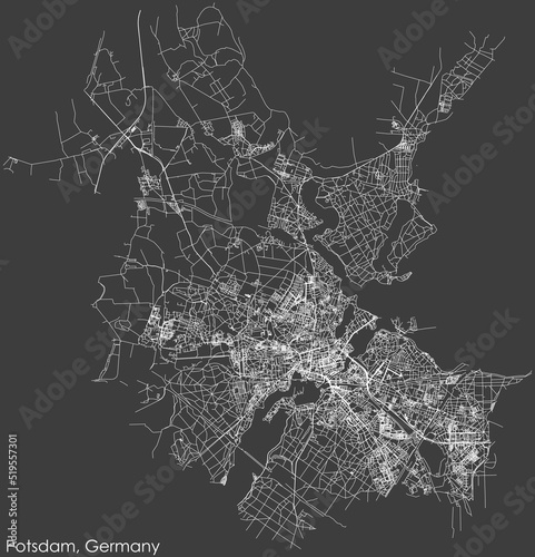Detailed negative navigation white lines urban street roads map of the German regional capital city of POTSDAM, GERMANY on dark gray background