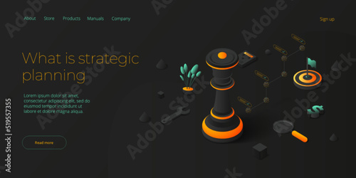 Strategic planning vector illustration in isometric design. Business strategy analysis and vision concept with queen chess piece. Web banner layout.