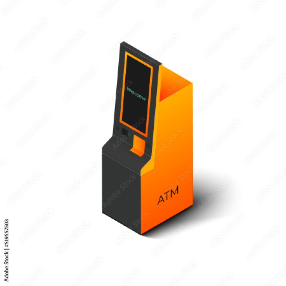 ATM icon illustration in isometric vector design. Futuristic automated teller machine object isolated on white background. Cash machine or money withdrawal device. ATM icon illustration in isometric vector design. Futuristic automated teller machine object isolated on white background. Cash machine or money withdrawal device.