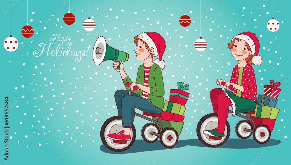 Cute boy and girl rides on bicycle. Funny boy shouting on the megaphone. Christmas illustration vector concept
