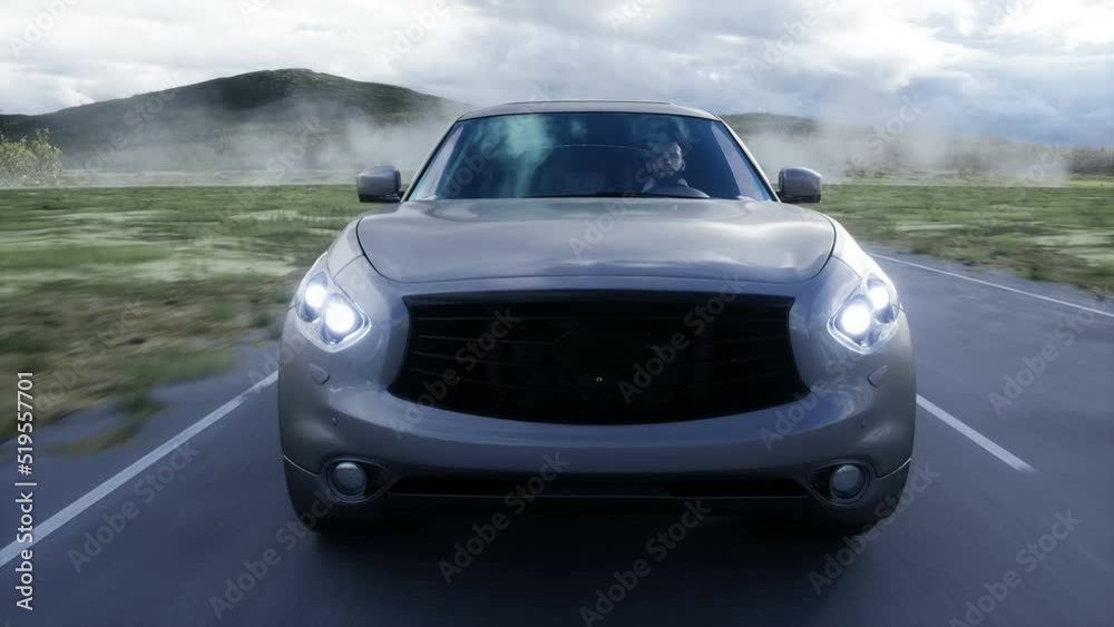 Luxury suv very fast driving on highway. Transport concept. Realistic 4k animation. Luxury suv very fast driving on highway. Transport concept. Realistic 4k animation.