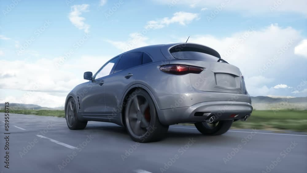 Luxury suv very fast driving on highway. Transport concept. Realistic 4k animation. Luxury suv very fast driving on highway. Transport concept. Realistic 4k animation.