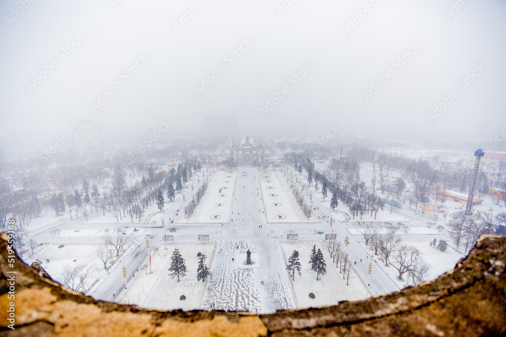 Winter in Moscow. View from the roof. Reconstruction of the old building at the Exhibition Center in Moscow