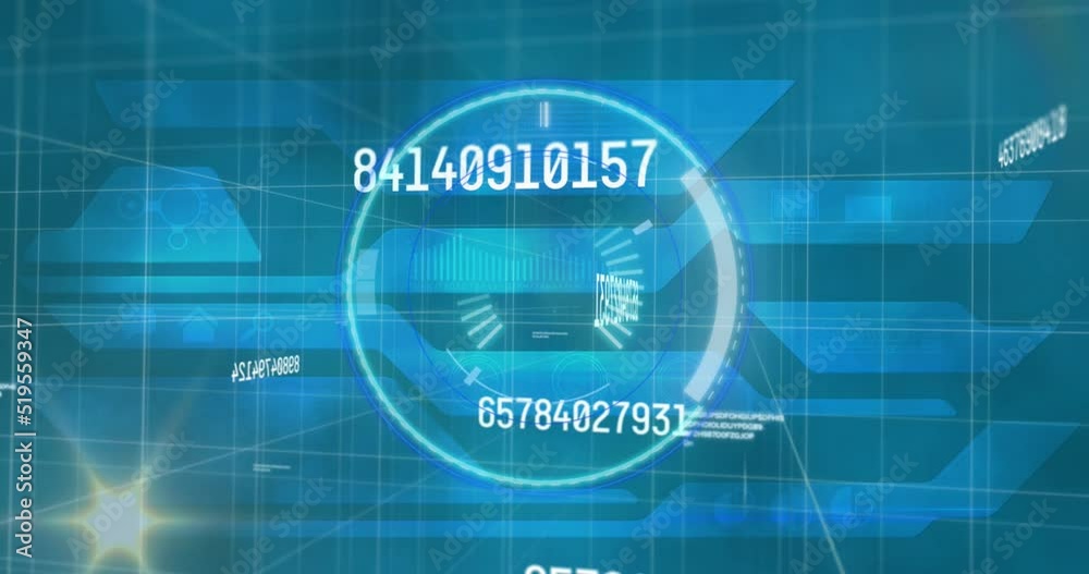 Animation of multiple changing numbers and spot of light over round scanner against blue background Animation of multiple changing numbers and spot of light over round scanner against blue background