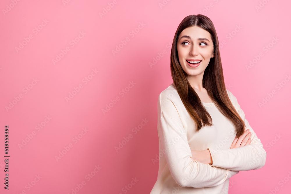 Profile side view portrait of attractive cheerful girl folded arms making decision copy space isolated over pink pastel color background