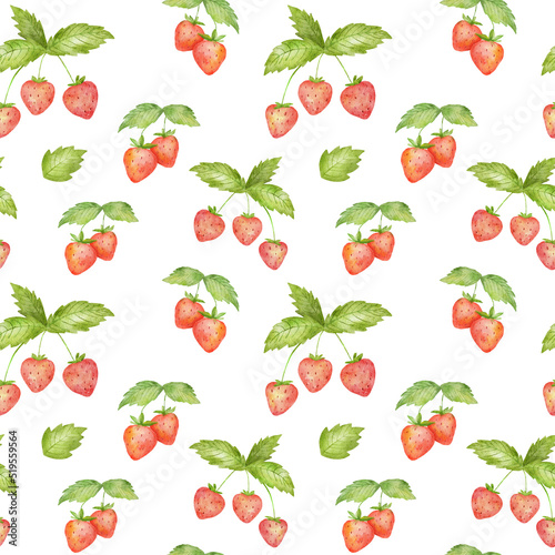 Watercolor seamless pattern with cute strawberry and green leaf. Stylized drawing illustration of summer berry isolated on white