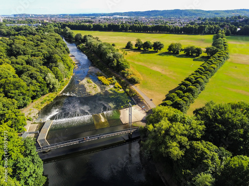 An aerial view of Blackweir Bridge and surrounding area, Cardiff, United Kingdom.
The Blackweir Bridge can be located on the Taff trail on the outskirts of Cardiff.